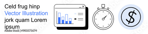 Business analytics, productivity, budgeting, financial statistics, time tracking, and data visualization. Bar chart, stopwatch and dollar icon in clean design. Analytics and productivity concept
