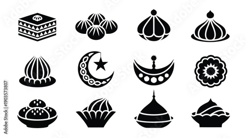 Elegant black silhouettes of various mosque domes crescent moons and islamic architectural elements on white background