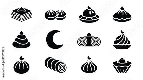 Collection of elegant black silhouettes of various sweet pastries and desserts on white background for design