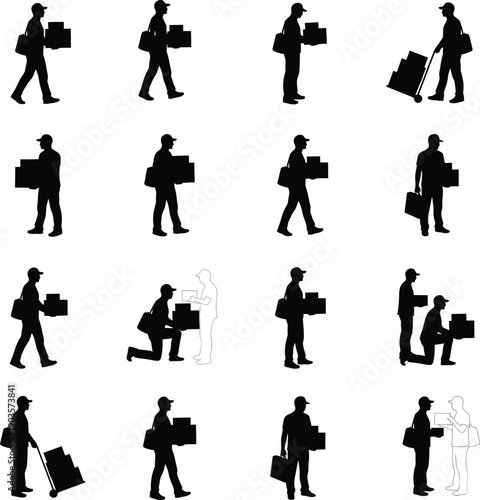 Delivery Man Silhouette Set with Parcels and Hand Truck for Logistics and Shipping