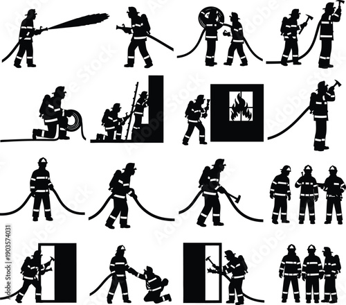 Set of Firefighter Silhouettes in Action Using Hoses and Axes for Emergency Rescue