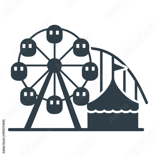 Gray silhouette of a ferris wheel and a carnival tent side by side icon