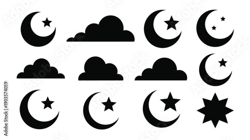 Collection of 12 distinct silhouette graphics featuring crescent moons stars and clouds on white background for design and decoration