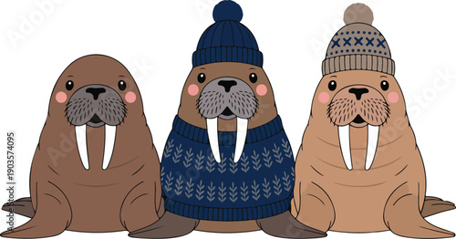 Cute Winter Walrus Outline Illustration Set Cozy Sweaters, Hats, and Arctic Fun