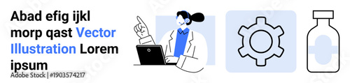 Female scientist pointing at laptop, gear symbol suggesting innovation, and medicine bottle representing healthcare. Ideal for science, medicine, innovation, technology, research, education simple