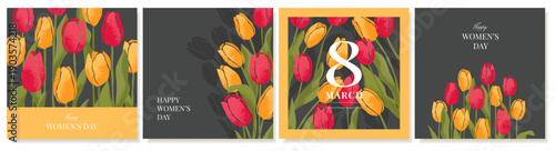 Square Greeting cards with yellow and red tulips on a dark background on International Women's Day. Hand draw spring flowers with textures for the design of cards, covers, and social media posts