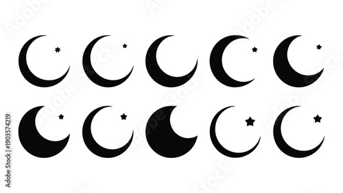 Twelve crescent moon silhouettes with stars on white background for graphic design