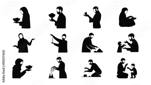 Collection of minimalist black silhouettes of people eating and interacting with food and others