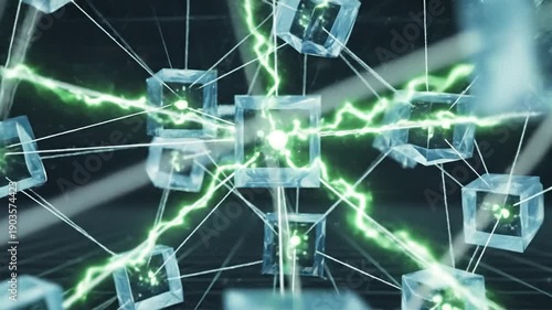 Connected translucent cubes with green energy glow