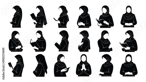 Vector illustration of multiple women in hijab reading praying and using phone in various poses and emotions on white background