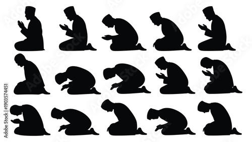 Collection of 15 silhouetted figures in various prayer and contemplation poses on white background
