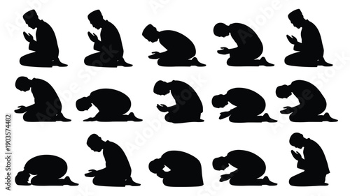 Collection of 15 silhouetted muslim men in various prayer positions showcasing islamic prayer movements