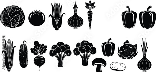 Vegetable silhouette icon set isolated on white background, healthy farm produce collection, organic food ingredients vector illustration