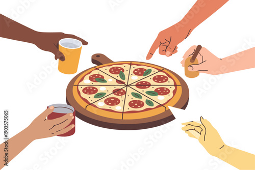 Pizza Sharing Flat Vector Illustration Set Friends, Party, and Social Dining