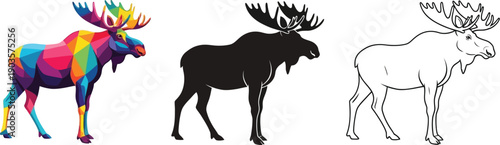 Collection of artistic vector illustrations featuring a majestic bull moose in colorful pop art silhouette and detailed outline design variations