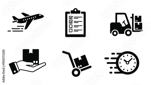 Icons representing various aspects of logistics and supply chain management. Vector