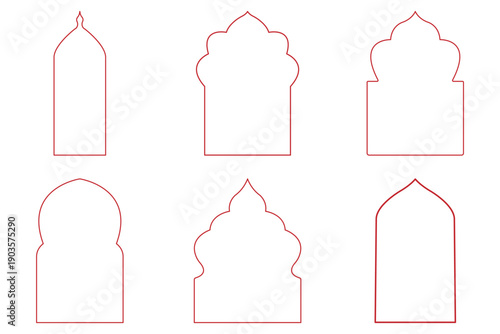 Old mosque windows shape in oriental style. Islamic door set, flat arabic frames or arabian arches silhouette. Muslim architecture geometric design elements, Ramadan kareem gate. vector illustration.