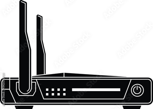 Wireless router illustration, internet connectivity icon, antenna device sketch, home office network graphic, black and white technology design
