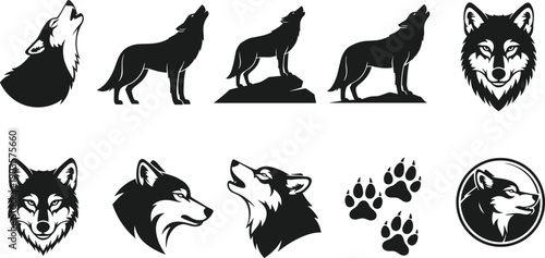 Wolf silhouette and head illustration set isolated on white background, wild animal logo symbols, nature wildlife vector collection