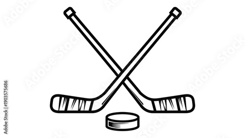 Two hockey sticks crossed with a puck in front of them. Vector