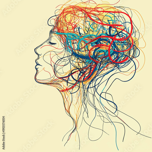 Tangle and unraveling thread of thoughts drawn in one continuous line colored