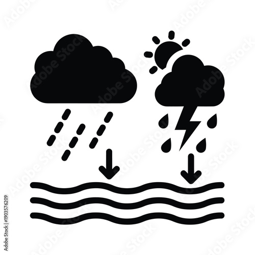 Black silhouette depicting rainy stormy weather over wavy water