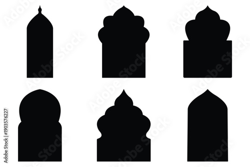Old mosque windows shape in oriental style. Islamic door set, flat arabic frames or arabian arches silhouette. Muslim architecture geometric design elements.  Accents for Festive Celebrations.