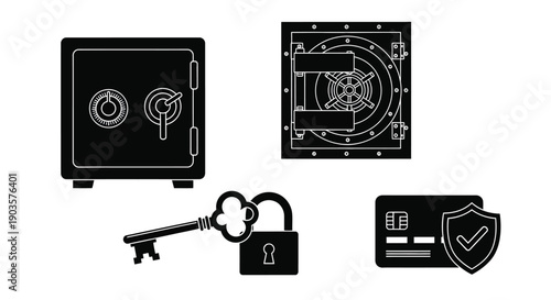 Two black safe icons, an antique key with an open padlock, and a shielded credit card are.