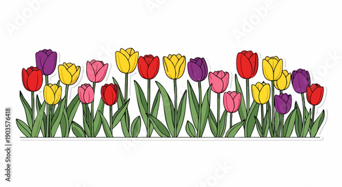 A colorful illustration of tulips in full bloom, symbolizing Easter Family Traditions and Spring Celebrations in a vibrant garden scene
