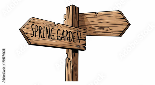 A wooden signpost indicates direction to Spring Garden during Easter Family Celebrations and Traditions in a serene outdoor setting