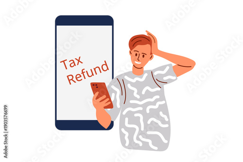Young woman with joyful and surprised expression holds smartphone showing bright screen with text Tax Refund. Concept of unexpected financial return, relief. Vector for tax services advertising