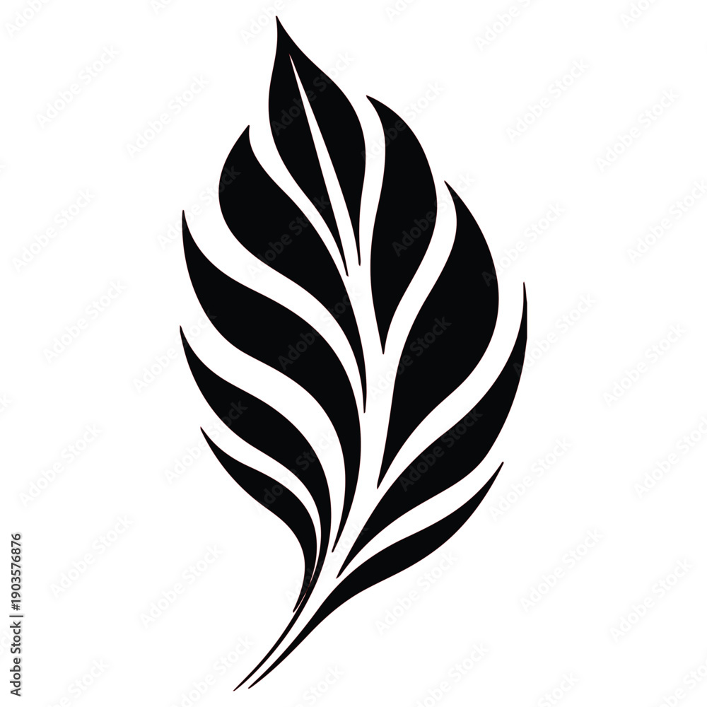 Obraz premium Elegant black abstract leaf shape with swirling lines isolated on a white background