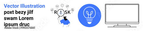 Risk management, creative thinking, digital workspace, innovation, problem solving, technology. Individual analyzing risk signs, lightbulb for ideas and computer monitor. Risk management