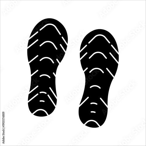 A series of black shoe print footsteps are displayed on a white background, showing a path or direction.