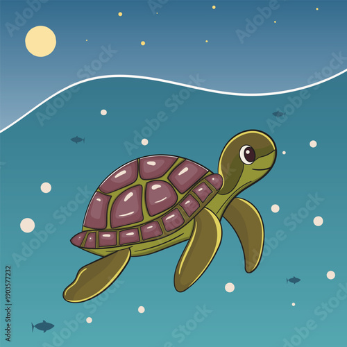 A cartoon-style illustration of a sea turtle swimming calmly underwater, featuring a blue gradient background, moon and stars above, floating bubbles, and small fish silhouettes that create a peaceful
