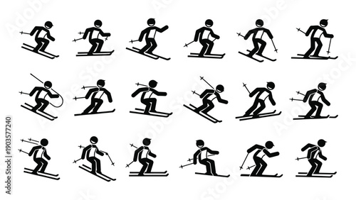 A sequence of a person performing various skiing techniques on a snowy slope Vector