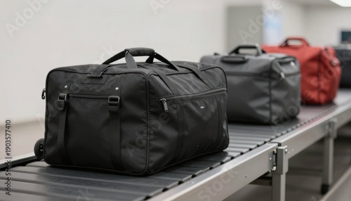 Travel bags on conveyor belt at airport luggage handling indoor terminal close-up view transportation concept