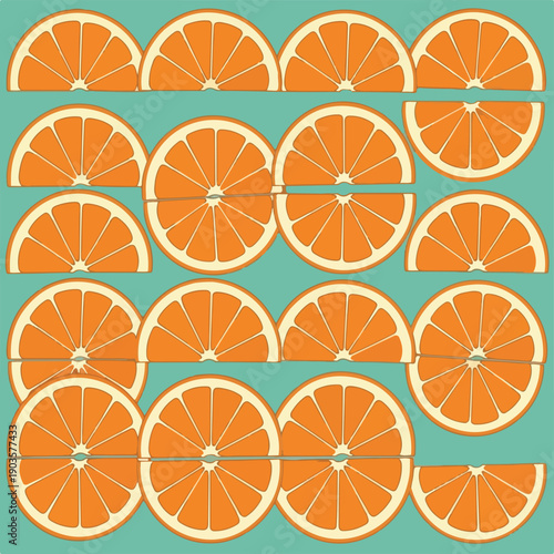A pattern of segmented orange fruit slices on a teal backdrop