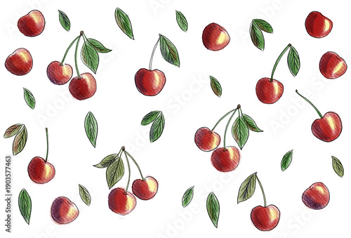 Colorful summer seamless pattern with cherries illustration isolated on white background hand painted with ink china and watercolor