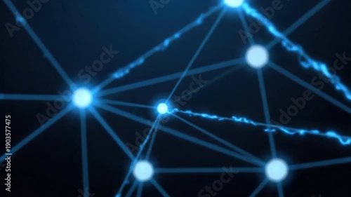 Digital network with glowing nodes and blue energy pulses