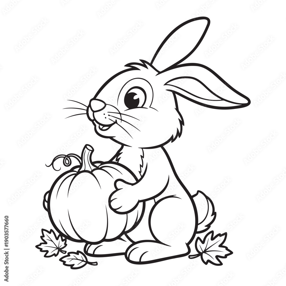 Obraz premium Cute rabbit holding pumpkin surrounded by autumn leaves 
