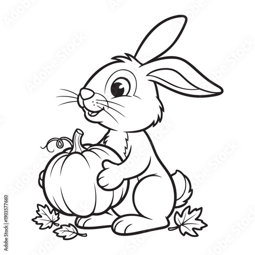 Cute rabbit holding pumpkin surrounded by autumn leaves  