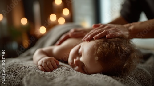 Massage relaxant pour bébé avec mains bienveillantes dans ambiance douce