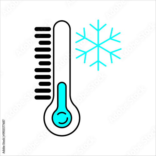 Cold weather thermometer with snowflake vector icon. Keep frozen label. Storage in refrigerator and freezer. Cold temperature for winter design concept.