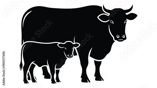 A mother cow and her calf standing together in a field. Vector