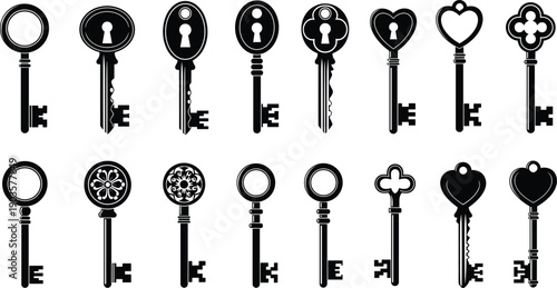 Vintage key silhouette set, antique ornate key icon collection, decorative lock design graphic, historical key artwork, black and white vector
