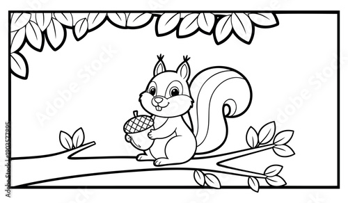 Cute squirrel holding acorn sitting on a branch among leaves  