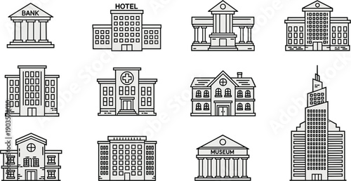 Isometric line art building icons vector set with bank hotel hospital school museum and institutional architecture symbols