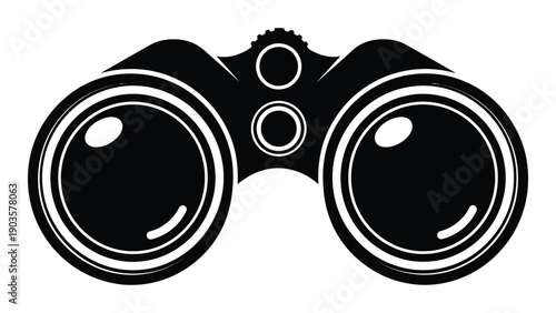 A pair of black binoculars with a textured grip and a strap attachment. Vector