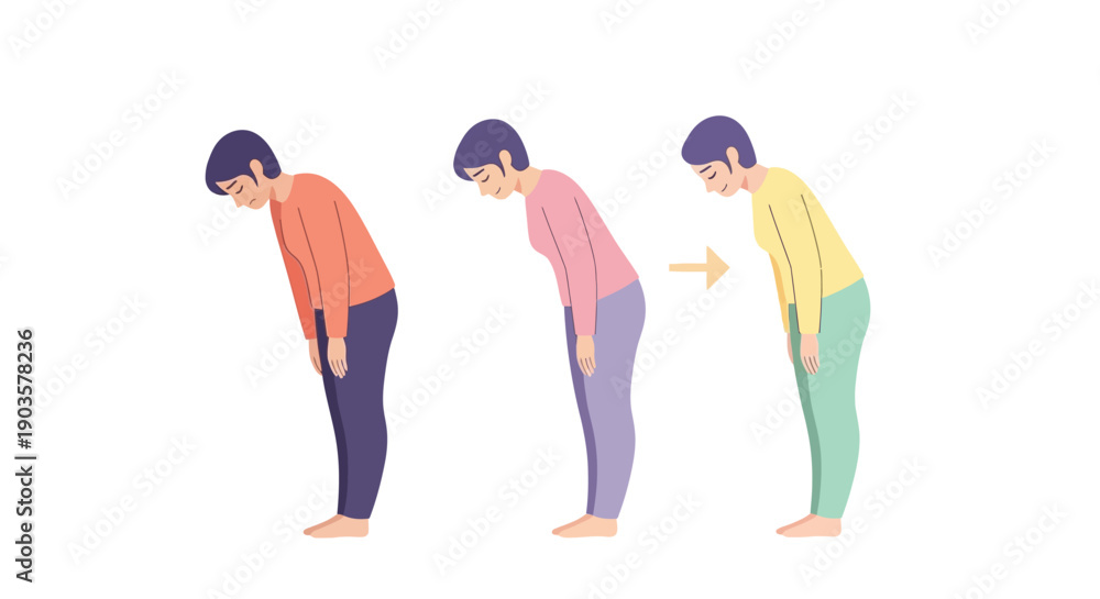 Fototapeta premium Flat Illustration Woman Bowing in Stages of Japanese Etiquette